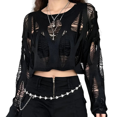 Black distressed sweater with sheer sleeves worn by a person on a white background